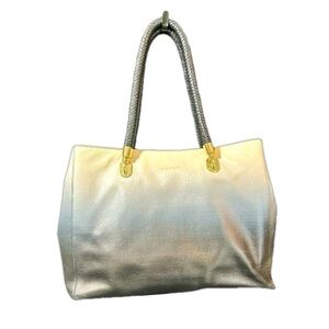 Cole Haan Metallic Benson Ombre Large Tote White Blue Gunmetal Braided Straps